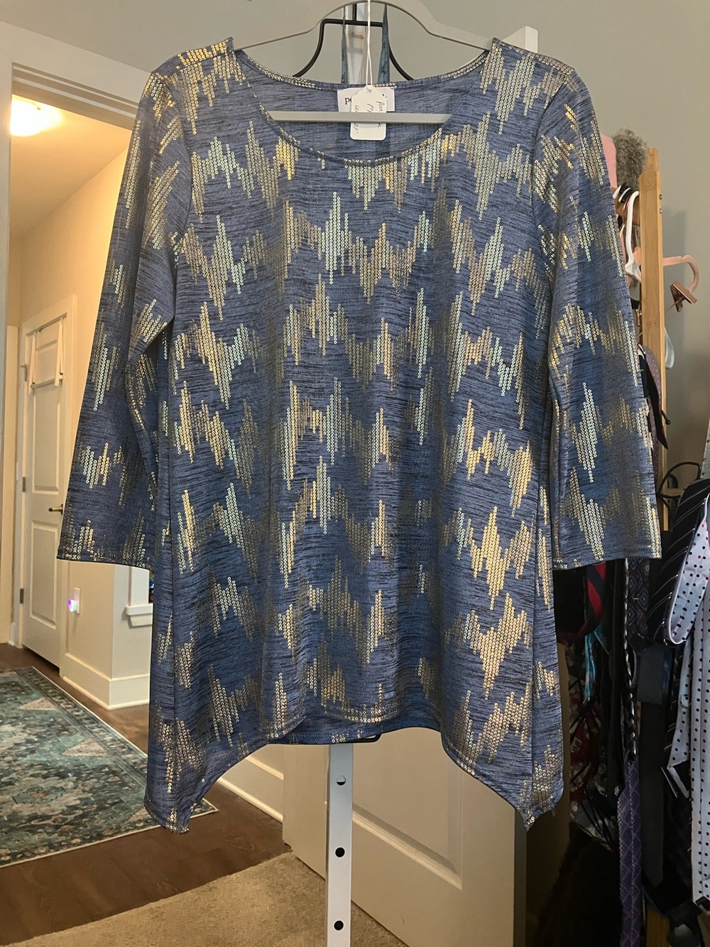 Peck & Peck Navy Heather Tunic with Gold Metallic Pattern